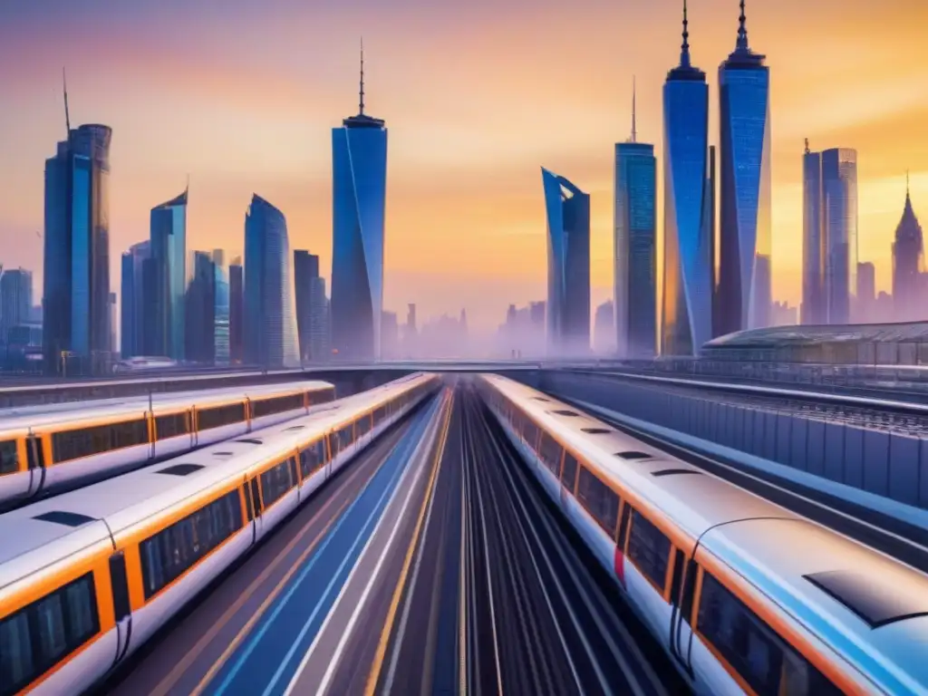Cityscape futurista: fusión arquitectónica en atardecer dorado Impacto Brexit en precios propiedad: ciudad futurista con rascacielos y trenes de alta velocidad en atardecer dorado