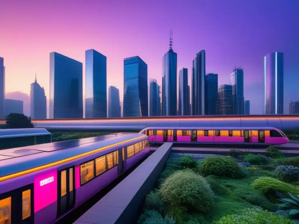 Metrópolis del futuro: tecnología y naturaleza en armonía Impacto del cambio climático en ciudades del futuro: paisaje urbano futurista con rascacielos, trenes magnéticos y tecnología sostenible al anochecer
