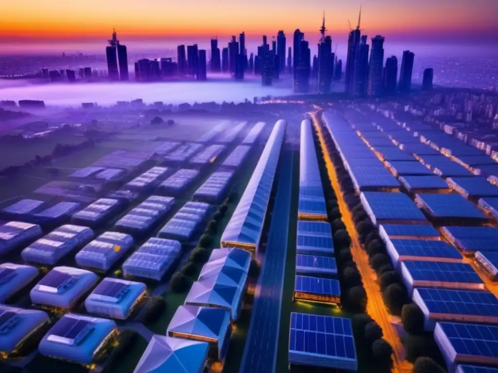 Metrópolis sostenible al atardecer: futuro verde y movilidad eléctrica Impacto del cambio climático en ciudades del futuro: atardecer vibrante con rascacielos, energía solar y transporte sostenible