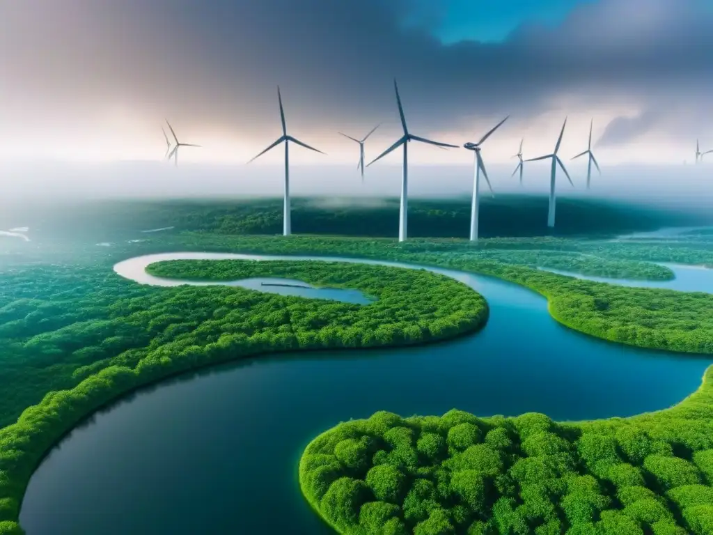 Metrópolis futurista sostenible: innovación y naturaleza en armonía Impacto del cambio climático en el mercado inmobiliario: Ciudad futurista sostenible con techos verdes, paneles solares y turbinas eólicas