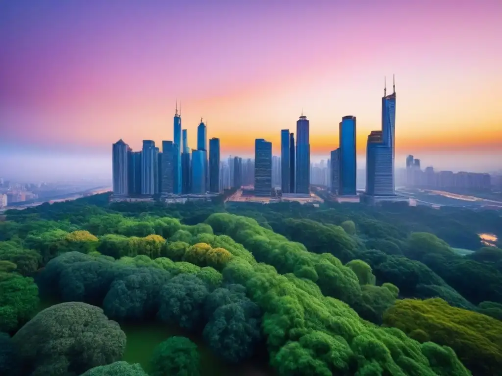 Metrópolis moderna bajo un atardecer vibrante Impacto del cambio climático en el mercado inmobiliario: metrópolis moderna al atardecer, con rascacielos y parque verde