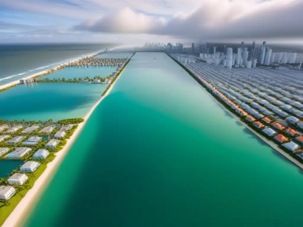 Impacto del cambio climático: ciudad costera inundada por el mar Impacto del cambio climático en el mercado inmobiliario: ciudad costera con edificios altos rodeados de agua por el aumento del nivel del mar