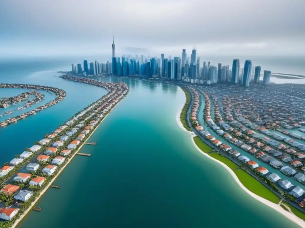 Impactante imagen aérea: ciudad costera afectada por el aumento del nivel del mar Impacto del cambio climático en el mercado inmobiliario: ciudad costera afectada por inundaciones, contrastando edificios modernos y tradicionales