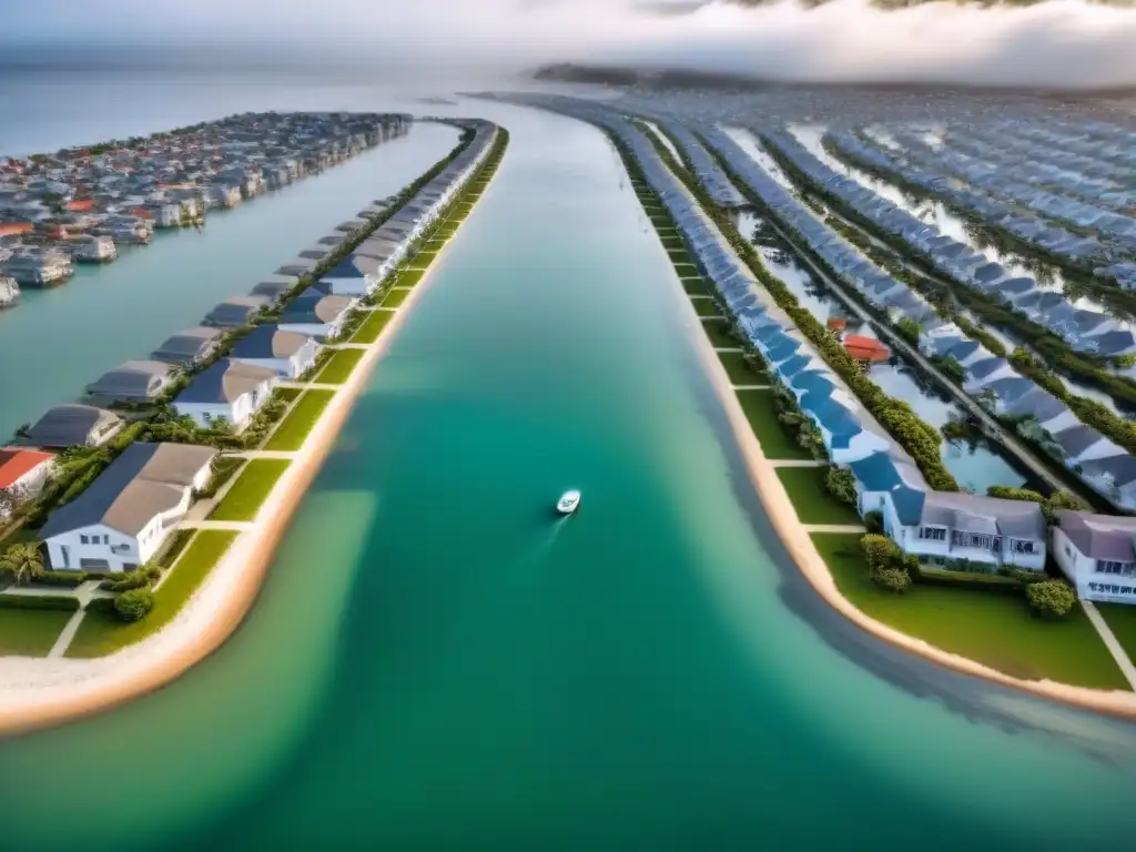Desastre climático: ciudad costera inundada por el aumento del nivel del mar Impacto del cambio climático en el mercado inmobiliario: ciudad costera inundada, edificios sumergidos y evacuaciones
