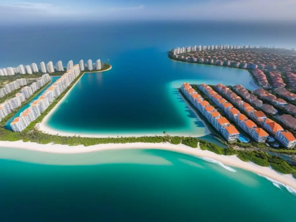Metáfora visual: ciudad costera de lujo sumergida por el mar Impacto del cambio climático en el mercado inmobiliario: lujosas propiedades costeras parcialmente sumergidas por el aumento del nivel del mar