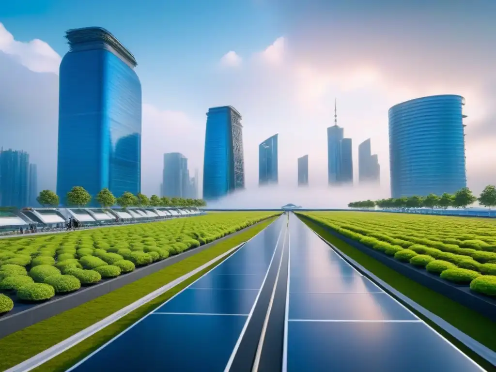 Metrópolis ecoamigable: Futuro sostenible y vibrante Impacto del cambio climático en el mercado inmobiliario: Futurista ciudad ecológica con rascacielos sostenibles y transporte eléctrico