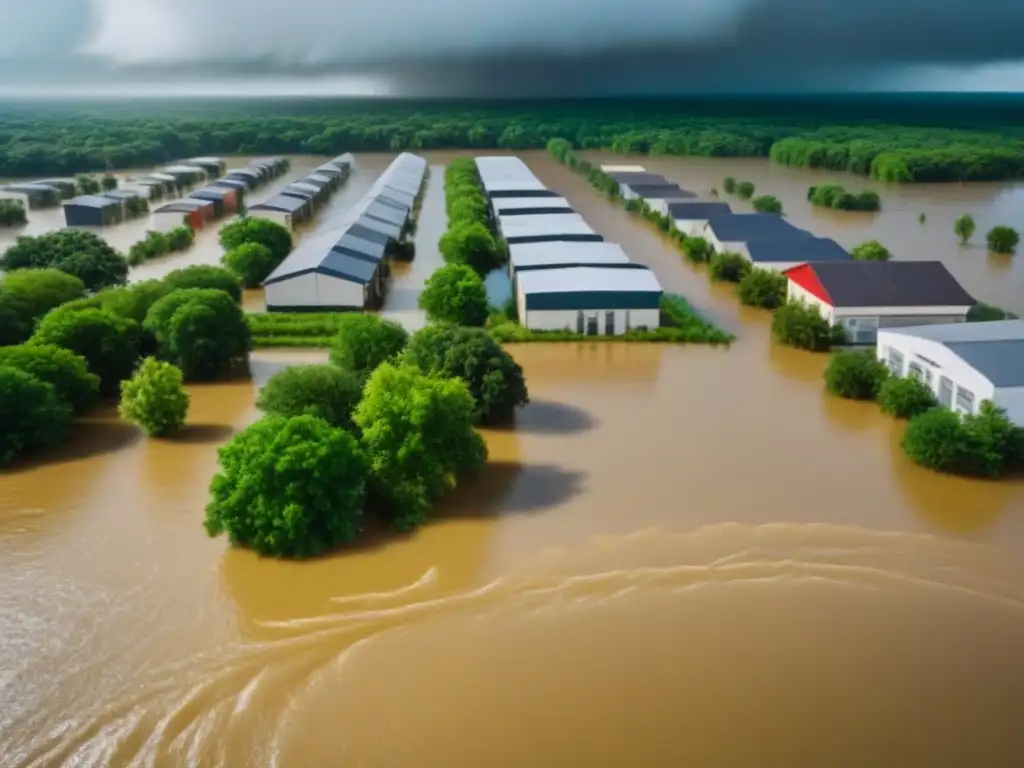Inversión resiliente: Edificio comercial resistiendo inundación Impacto de cambios climáticos: edificio comercial rodeado de aguas crecientes, destacando la necesidad de seguro propiedad