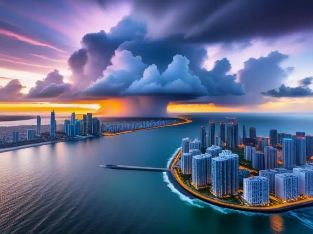 Skyline futurista con tecnología climática en ciudad costera Impacto de cambios climáticos en seguro de propiedad: ciudad costera futurista con rascacielos climáticamente resilientes