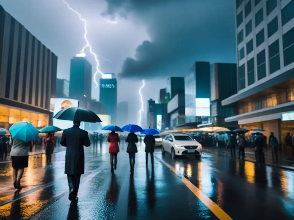 Tormenta urbana: caos y vulnerabilidad ante el cambio climático Impacto de cambios climáticos en seguro de propiedad durante tormenta en ciudad con relámpagos, lluvia intensa y caos urbano