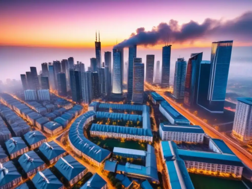 Contraste arquitectónico en ciudad vibrante al atardecer Impacto de cambios demográficos en precios inmobiliarios: contraste entre arquitecturas viejas y nuevas en bulliciosa ciudad al atardecer