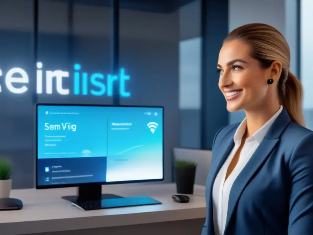 Asistente virtual holográfico AI en oficina inmobiliaria futurista Impacto IA en satisfacción cliente inmobiliario: Asistente virtual futurista interactúa con cliente sonriente en oficina moderna