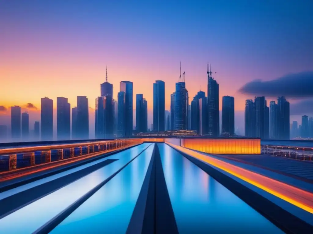 Metrópolis futurista con criptomonedas en arquitectura Impacto de las criptomonedas en inversiones inmobiliarias: Ciudad futurista con rascacielos y símbolos de Bitcoin y Ethereum
