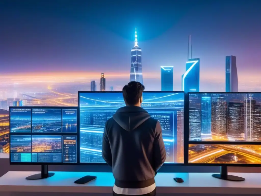Futurista ciudad cripto: rascacielos y pantallas digitales en neon Impacto de las criptomonedas en inversiones inmobiliarias: ciudad futurista con rascacielos y pantallas digitales iluminadas