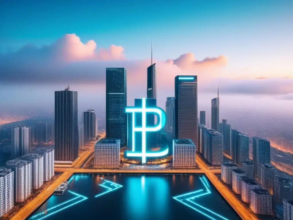 Skyline futurista: fusión de criptomonedas y bienes raíces Impacto de las criptomonedas en el mercado inmobiliario: Futurista skyline con símbolos digitales sobre rascacielos, fusionando ambos mundos