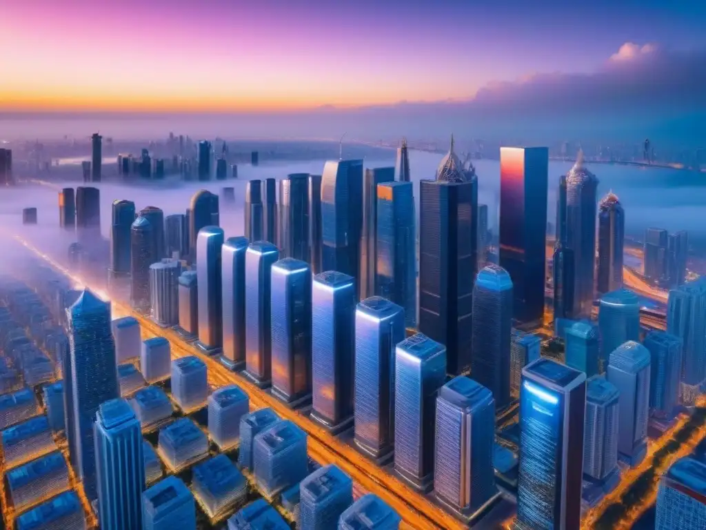 Metropolis futurista con criptomonedas en tiempo real Impacto de las criptomonedas en el mercado inmobiliario: ciudad futurista con rascacielos y datos financieros en pantallas digitales al atardecer