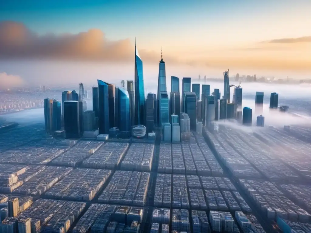 Metrópolis del futuro: gráficos económicos en rascacielos Impacto de la crisis económica en el mercado inmobiliario de una ciudad futurista