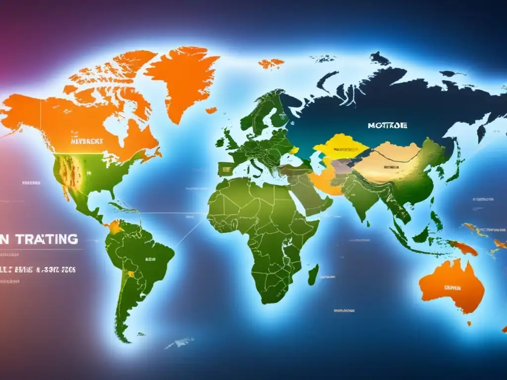 Mapa económico global: inversiones hipotecarias y volatilidad Impacto de crisis económicas en hipotecas internacionales y economías globales representado en un mapa detallado y gráficos digitales futuristas
