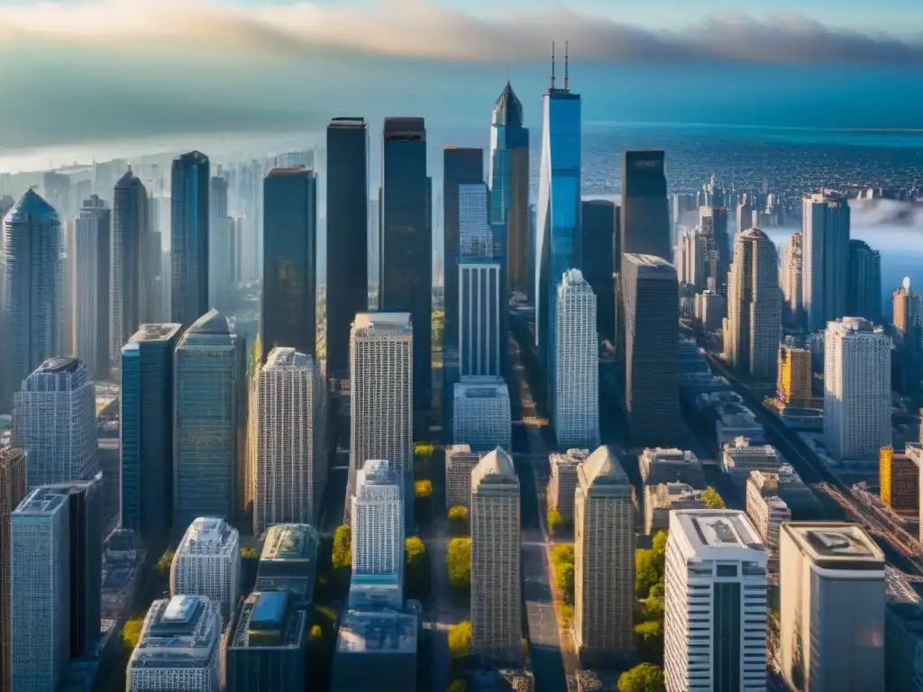 Impacto global: crisis económica y mercados inmobiliarios internacionales El impacto de las crisis económicas en las hipotecas internacionales, reflejado en un bullicioso distrito financiero al atardecer