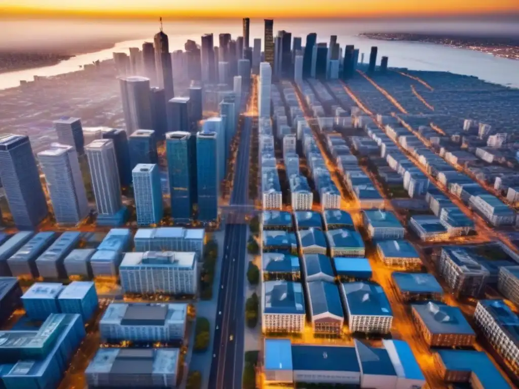 Metrópolis en crisis: luces y sombras de la inversión inmobiliaria Impacto de crisis económicas en inversores: Ciudad llena de rascacielos, negocios y personas en movimiento, reflejando resiliencia urbana