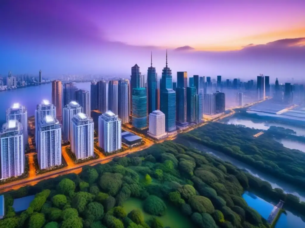 Contraste urbano: modernidad y tradición en tiempos de crisis Impacto de crisis económicas en el mercado inmobiliario: ciudad moderna entre rascacielos y arquitectura histórica, rodeada de vegetación