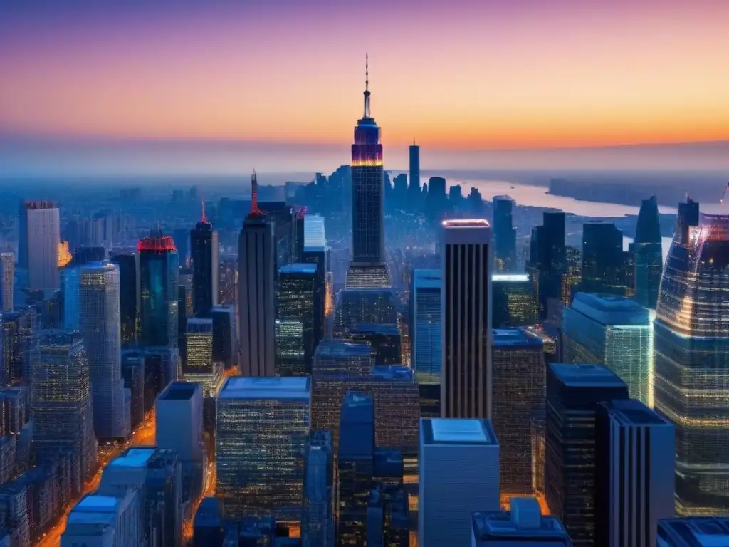 Metrópolis global al atardecer: arquitectura diversa y economía conectada Impacto de crisis económicas en el mercado inmobiliario global al atardecer, reflejando la conectividad económica mundial