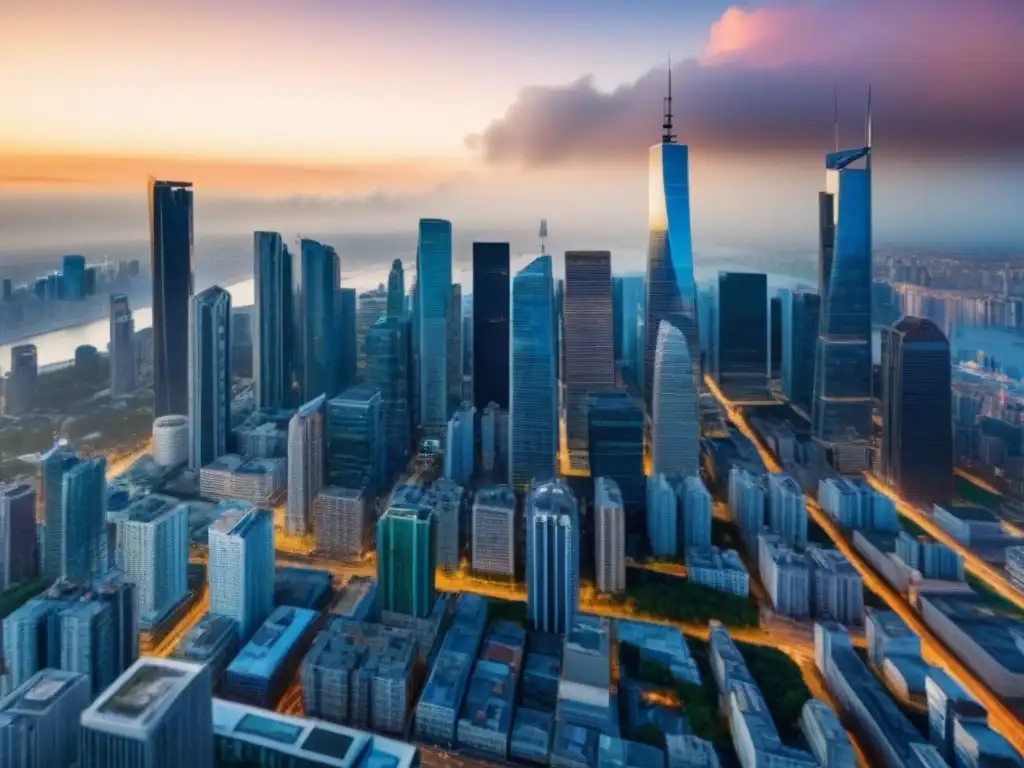 Contraste urbano: impacto de crisis en inversión inmobiliaria Impacto de crisis económicas en mercados inmobiliarios: contraste entre distritos financieros prósperos y edificios abandonados en una ciudad vibrante
