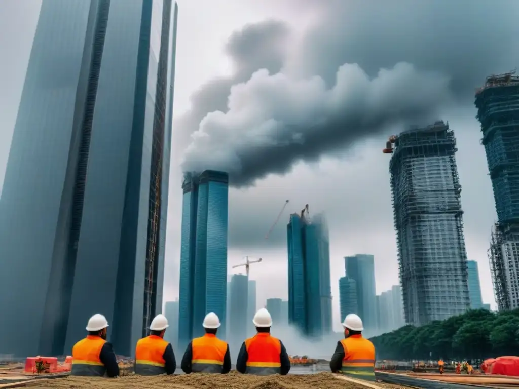 Construcción en crisis: Resiliencia ante la tormenta Impacto de crisis económicas en sector construcción: obreros y grúas en ciudad futurista bajo tormenta amenazante