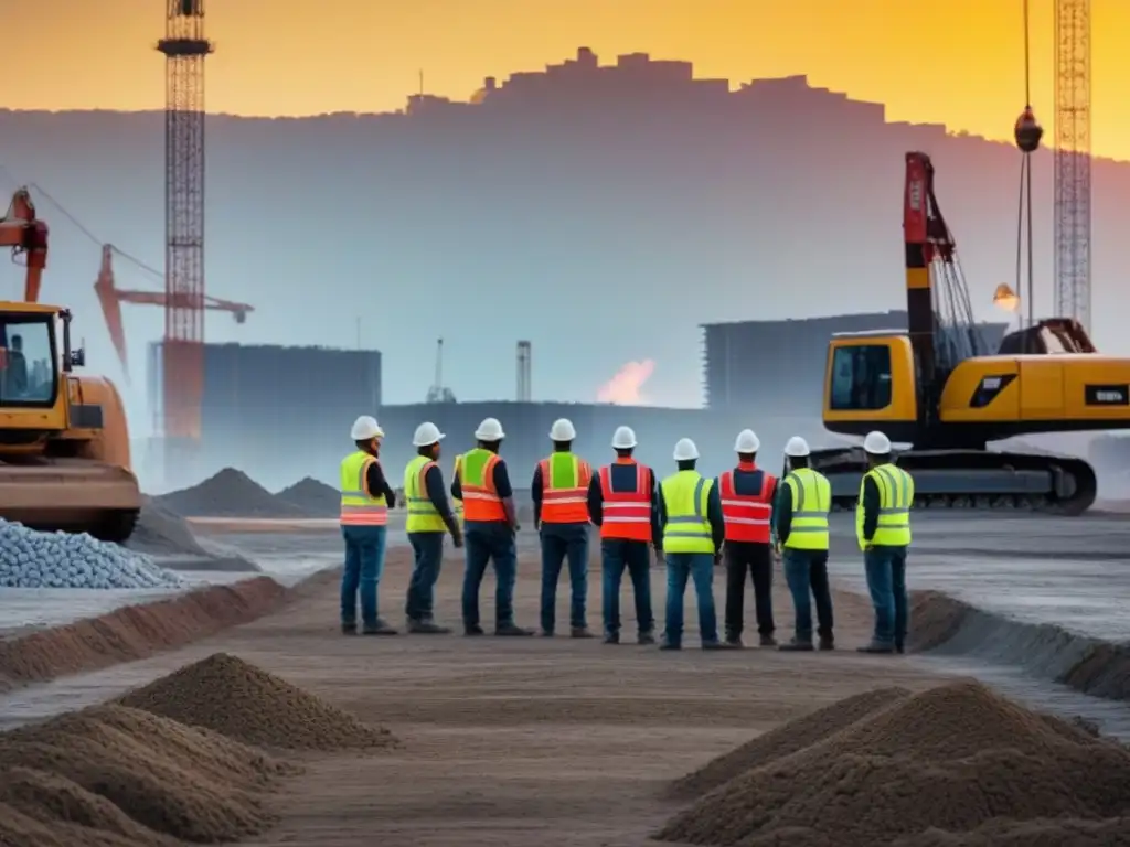 Escena impresionante de obra al atardecer con trabajadores y grúas Impacto de crisis económicas en el sector construcción: obreros y maquinaria en un bullicioso sitio de trabajo al atardecer