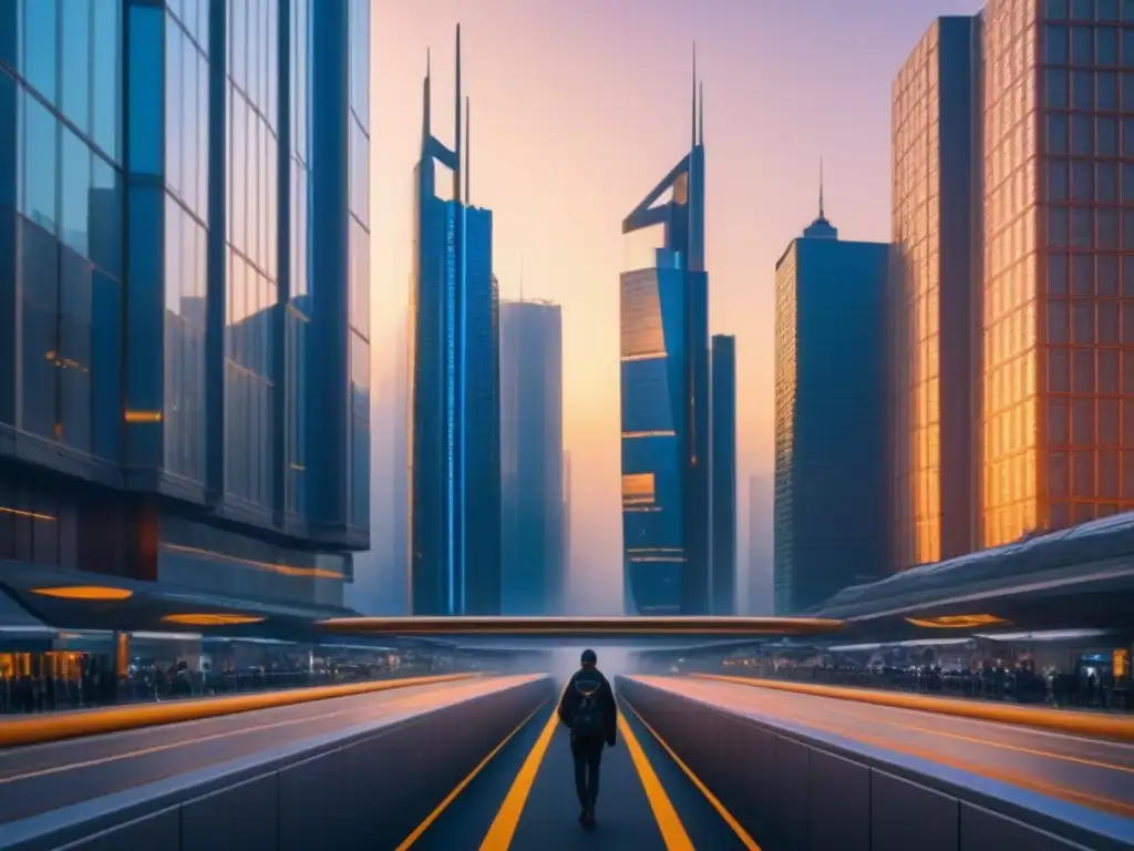 Innovación urbana: ciudad futurista en la puesta de sol Impacto de crisis económicas en el sector inmobiliario: Ciudad futurista con rascacielos brillantes y drones en el atardecer