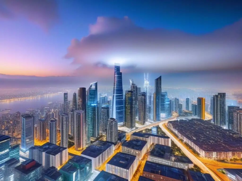 Metrópolis futurista: Realidad virtual revoluciona mercado inmobiliario Impacto de la Revolución Digital en el mercado inmobiliario: Ciudad futurista con rascacielos iluminados y tecnología VR