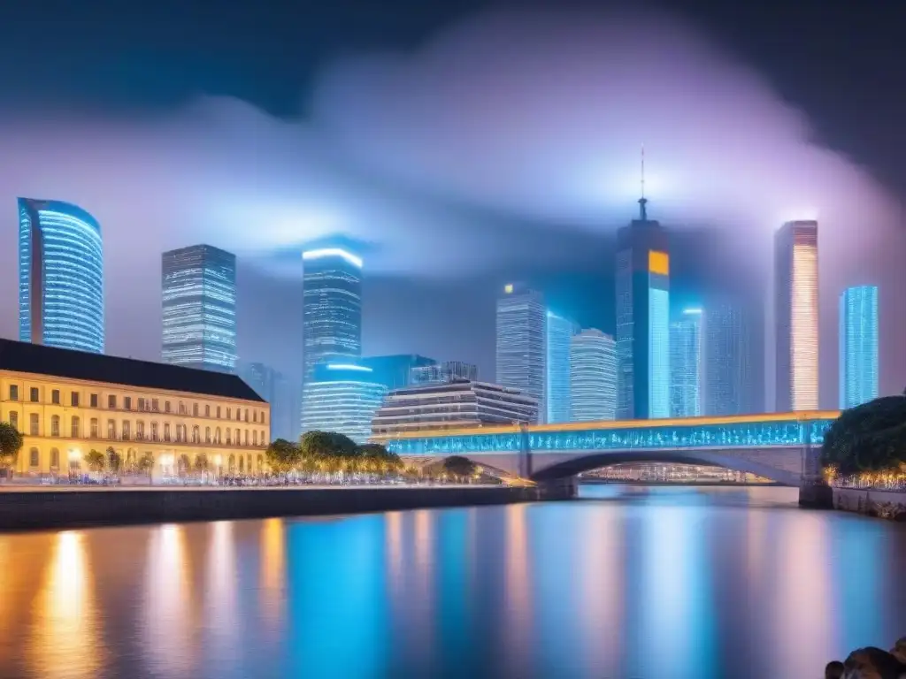 Metrópolis tecnológica: impacto de las redes sociales en la era digital Impacto de la Revolución Digital en el mercado inmobiliario: Ciudad nocturna con rascacielos iluminados y personas en smartphones