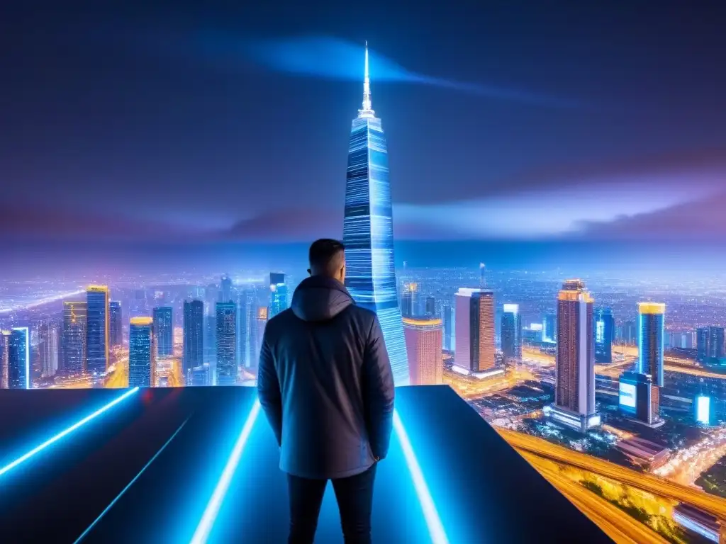 Metrópolis futurista: impacto de la revolución digital en bienes raíces Impacto de la Revolución Digital en el mercado inmobiliario: futurista ciudad nocturna con luces neón y datos financieros en pantallas digitales