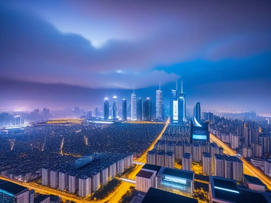 Metrópolis futurista: arquitectura digital en la noche Impacto de la Revolución Digital en el mercado inmobiliario: Ciudad futurista de noche con rascacielos iluminados y carteles digitales