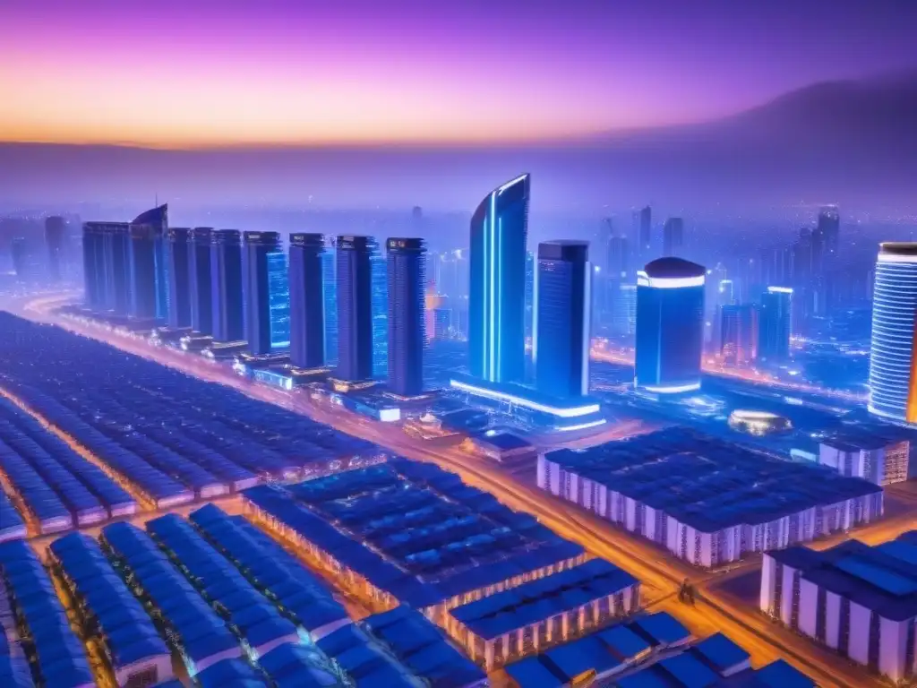 Metrópolis africana del futuro: real estate digital en África subsahariana Impacto de la revolución digital en el mercado inmobiliario de África: ciudad futurista con rascacielos y tecnología inteligente