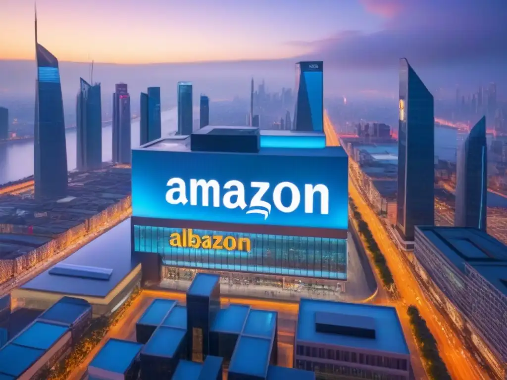 Metrópolis futurista: luces de neon y drones en la era del ecommerce Impacto del ecommerce en inversiones comerciales: una ciudad futurista iluminada por luces de neón y drones entregando paquetes