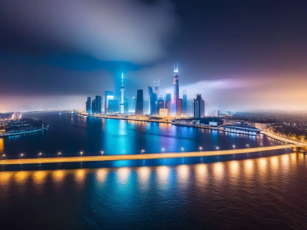 Metrópolis futurista: luces neón, drones y comercio electrónico Impacto del ecommerce en inversiones comerciales: Ciudad futurista iluminada con luces de neón, drones entregando paquetes, río reluciente
