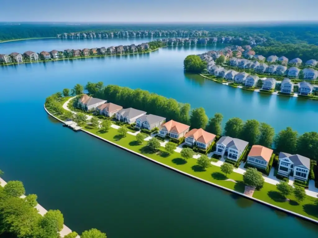 Comunidad de casas de lujo junto al lago: modernidad y naturaleza Impacto económico de segundas residencias en Norteamérica: Comunidad lujosa junto al lago, casas modernas, muelles privados y ambiente vibrante