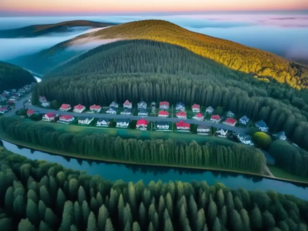 Contraste sociocultural: Segundas casas de lujo en bosque norteamericano Impacto económico de segundas residencias en Norteamérica: lujosas casas vacacionales contrastan con viviendas locales en un bosque verde y soleado
