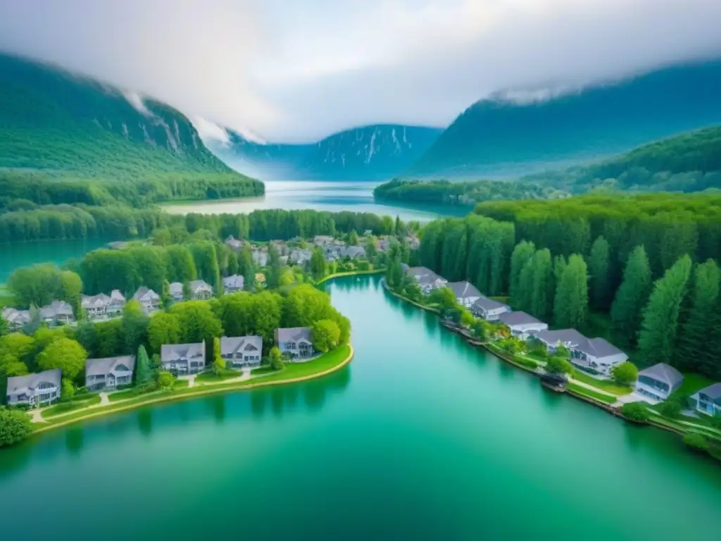 Segundas residencias de lujo en pueblo junto al lago Impacto económico de segundas residencias en Norteamérica: lujosas casas entre bosques y un lago sereno