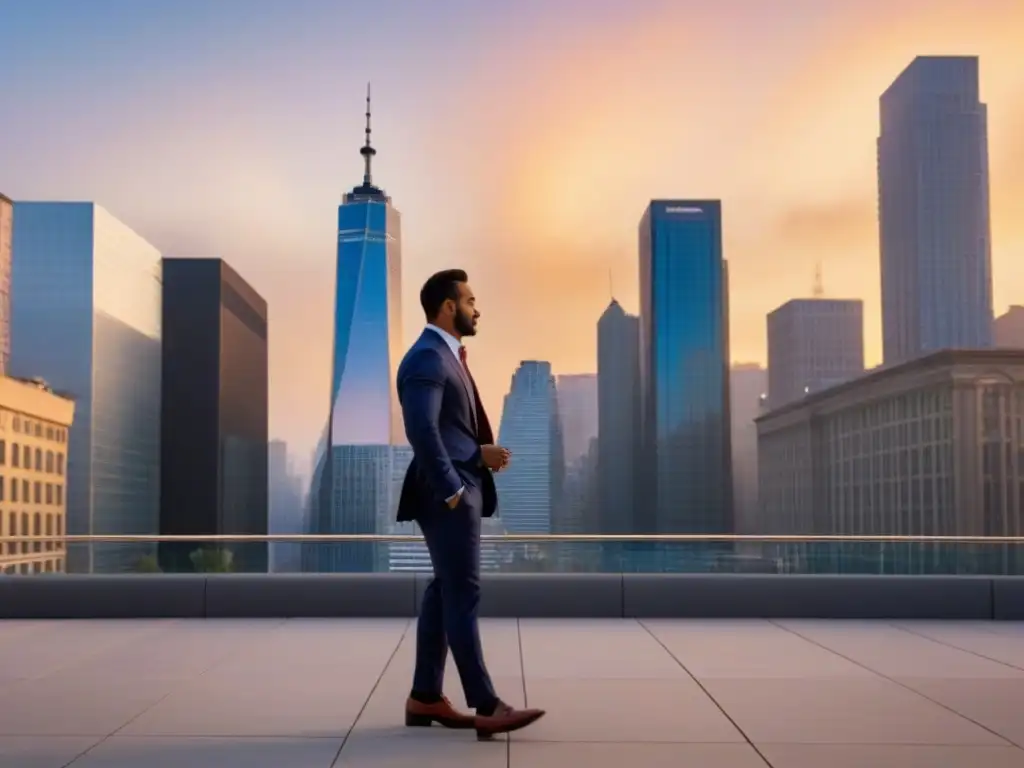 Metrópolis vibrante: atardecer en el distrito financiero Impacto elecciones mercado inmobiliario internacional: Ciudad dinámica al anochecer, mezcla de rascacielos y arquitectura histórica