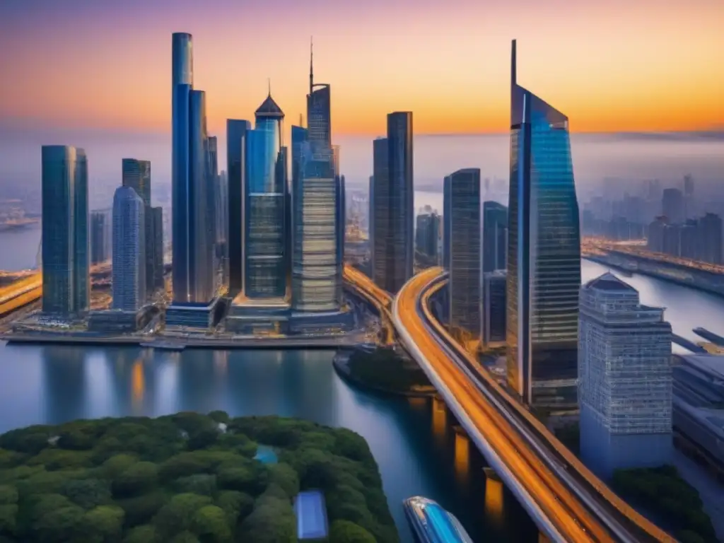 Horizonte urbano moderno al atardecer: prosperidad y conectividad Impacto del envejecimiento poblacional en bienes raíces: Ciudad moderna al atardecer, con rascacielos relucientes y calles llenas de profesionales