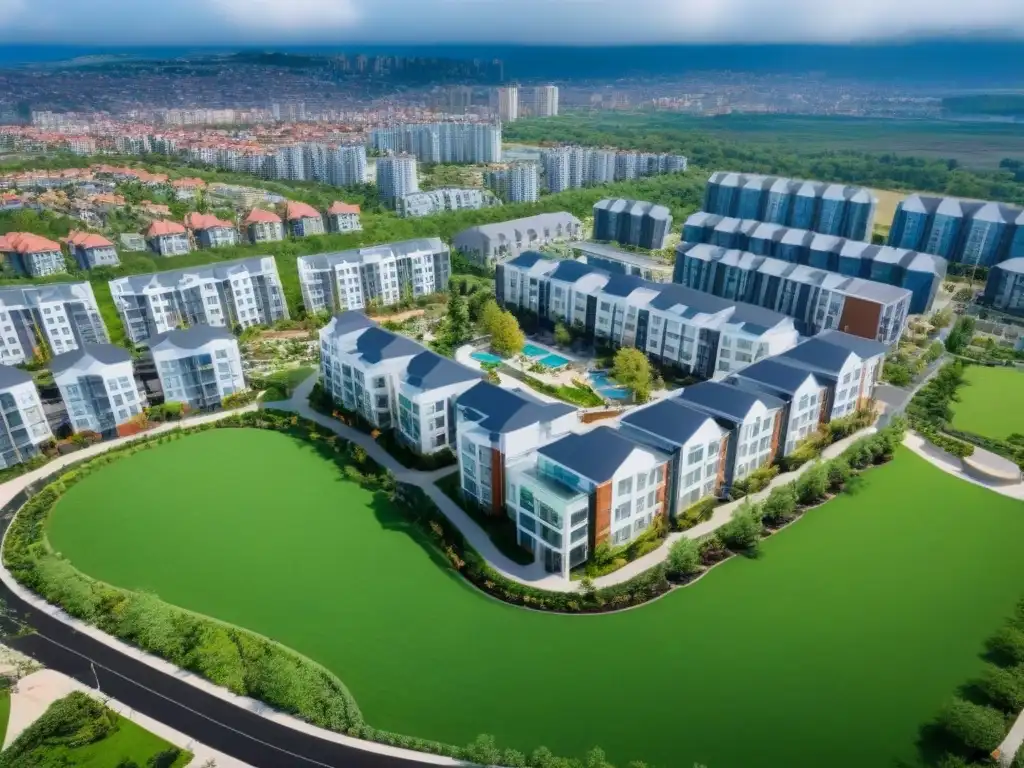 Contraste urbano: moderna comunidad de jubilados en ciudad vibrante Impacto del envejecimiento poblacional en el mercado inmobiliario: ciudad vibrante y complejo de retiro moderno
