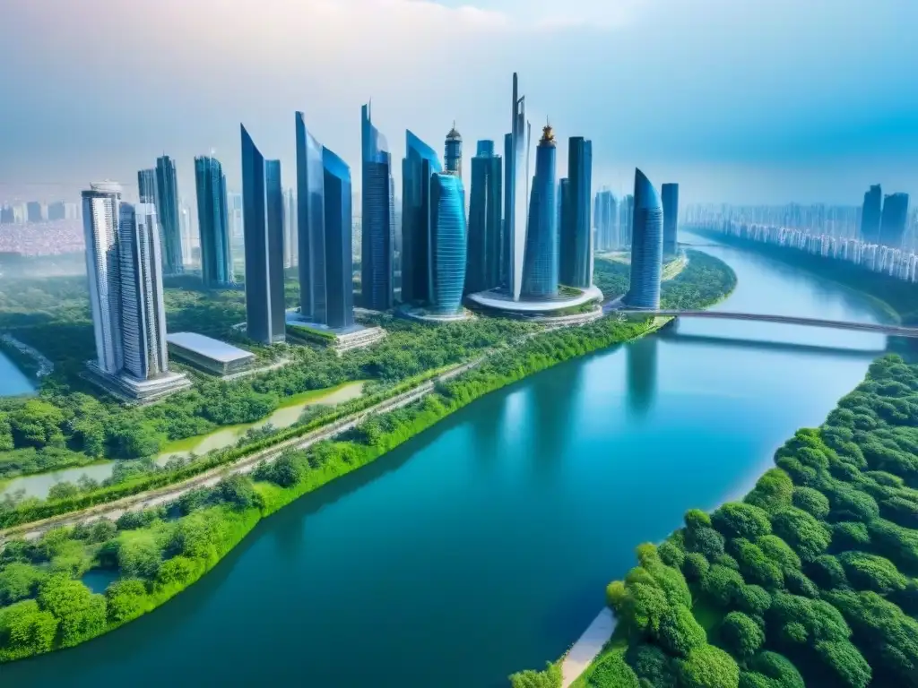 Metrópolis futurista: armonía urbana y natural Impacto del envejecimiento poblacional en el mercado inmobiliario: Ciudad moderna con rascacielos, parques verdes y ríos