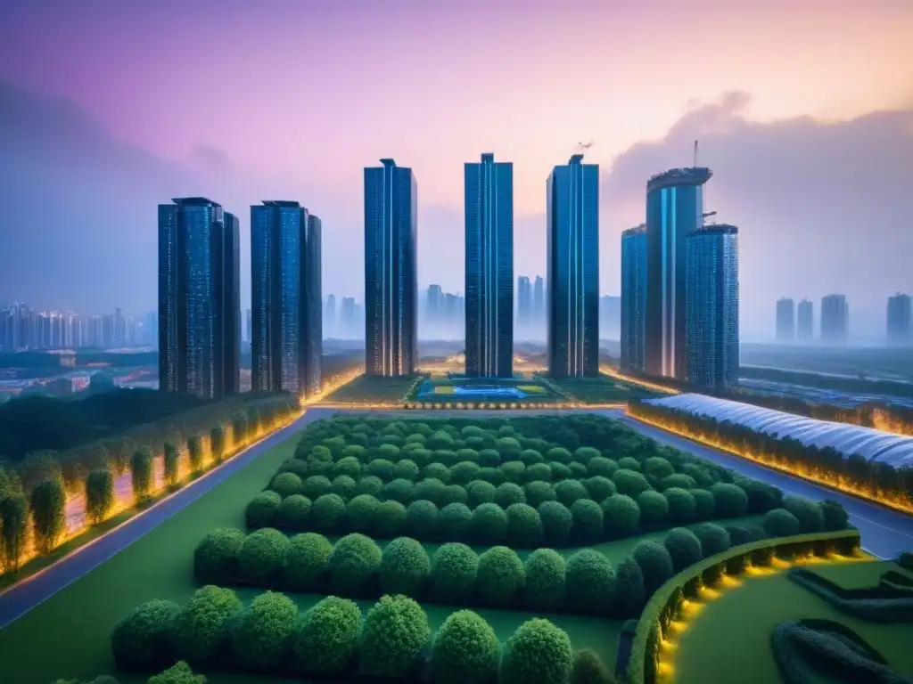 Skyline futurista: arquitectura avanzada y sostenible al anochecer Impacto del envejecimiento poblacional en el mercado inmobiliario: futurista ciudad al anochecer con edificios innovadores y luces brillantes