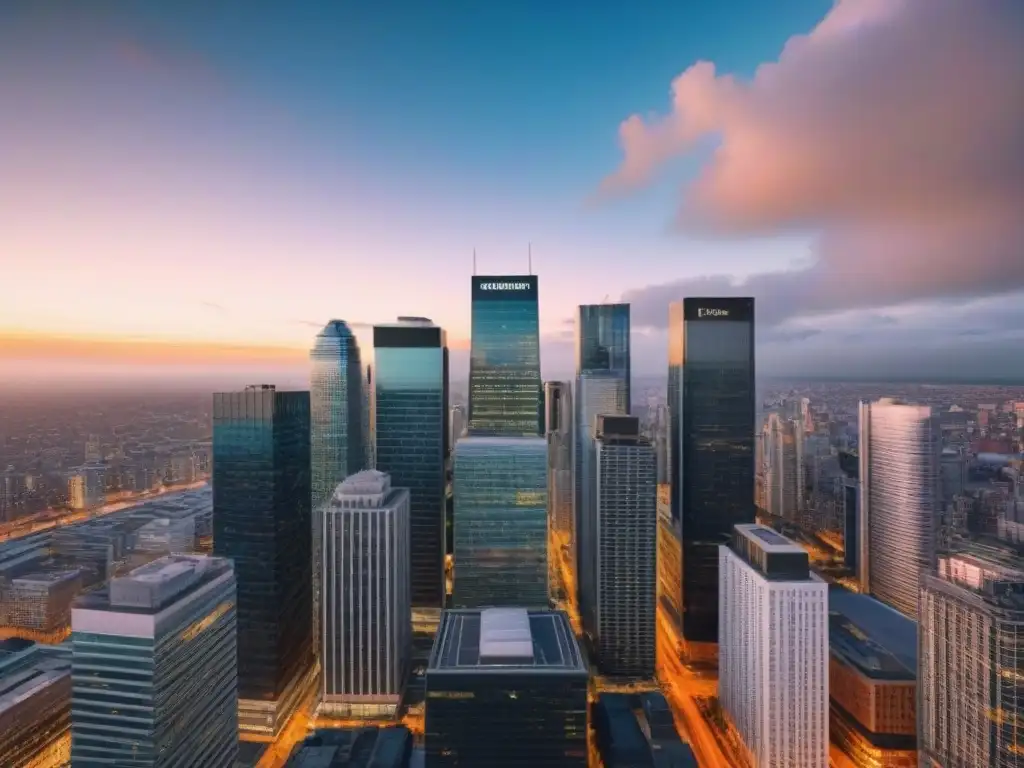 Vista aérea: Coworking futurista en metrópolis dinámica Impacto de espacios de coworking en la inversión inmobiliaria: Vista aérea de ciudad moderna con coworking futurista en skyline