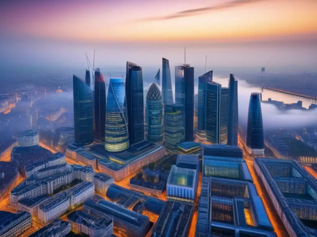 Horizonte urbano postBrexit: mezcla de tradición y modernidad Impacto financiero del Brexit en propiedades internacionales: vista aérea de una ciudad vibrante con arquitectura europea y rascacielos modernos