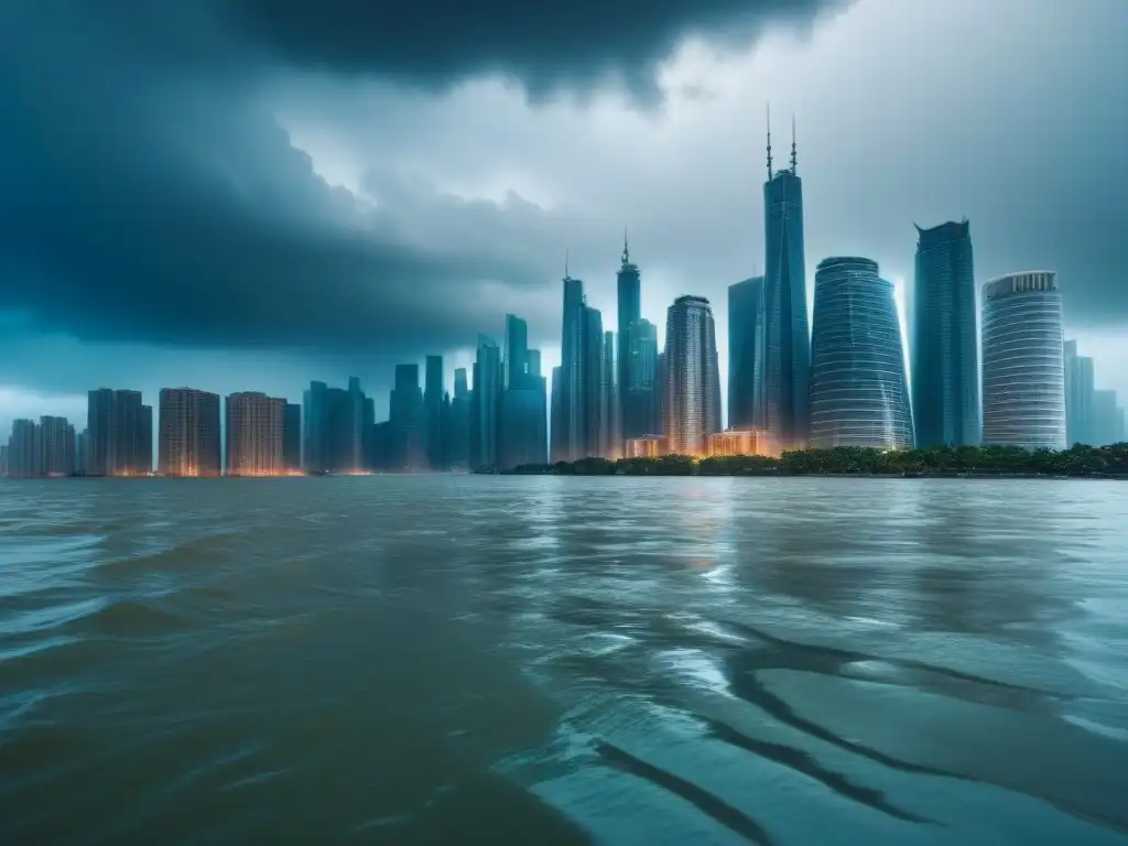 Impacto financiero del cambio climático en bienes raíces Impacto financiero del cambio climático en el mercado inmobiliario: ciudad futurista parcialmente sumergida, inversores preocupados y calles inundadas