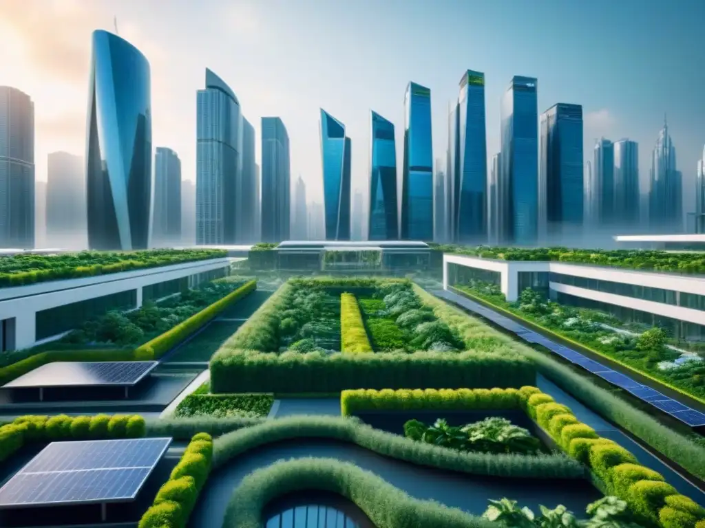Metrópolis futurista sostenible: arquitectura verde en 8k Impacto financiero del cambio climático en el mercado inmobiliario: ciudad futurista sostenible con rascacielos verdes y energías renovables