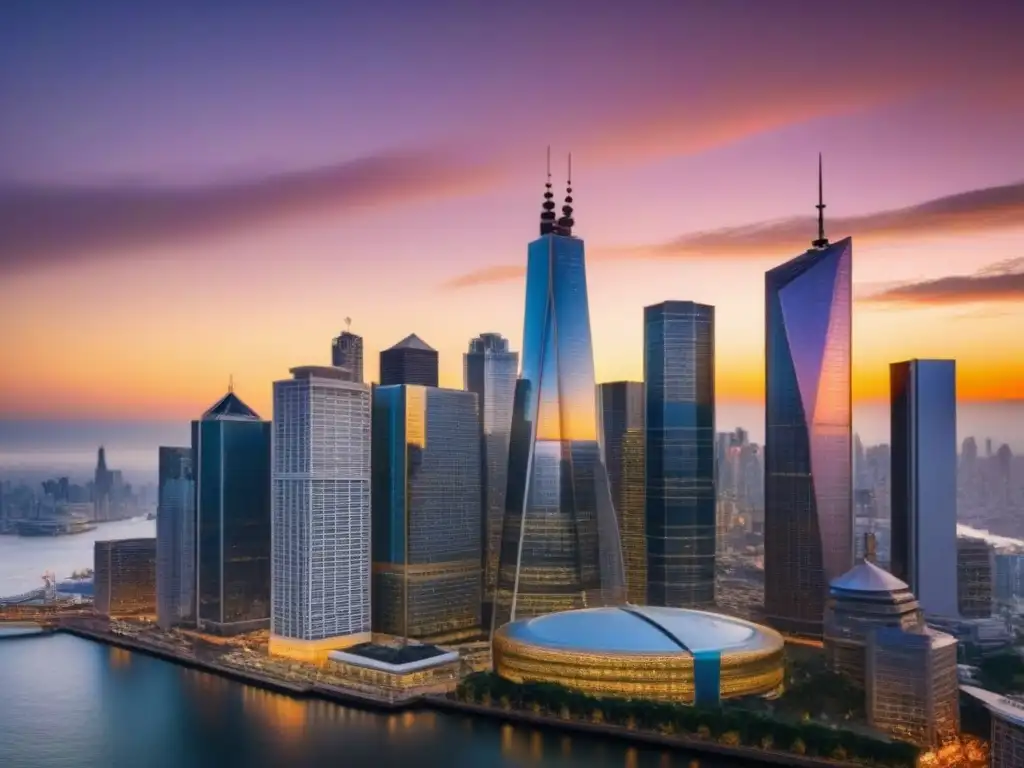 Horizonte urbano moderno en 8k: luces doradas reflejadas en rascacielos Impacto de fluctuaciones cambiarias en la financiación inmobiliaria de la ciudad al atardecer