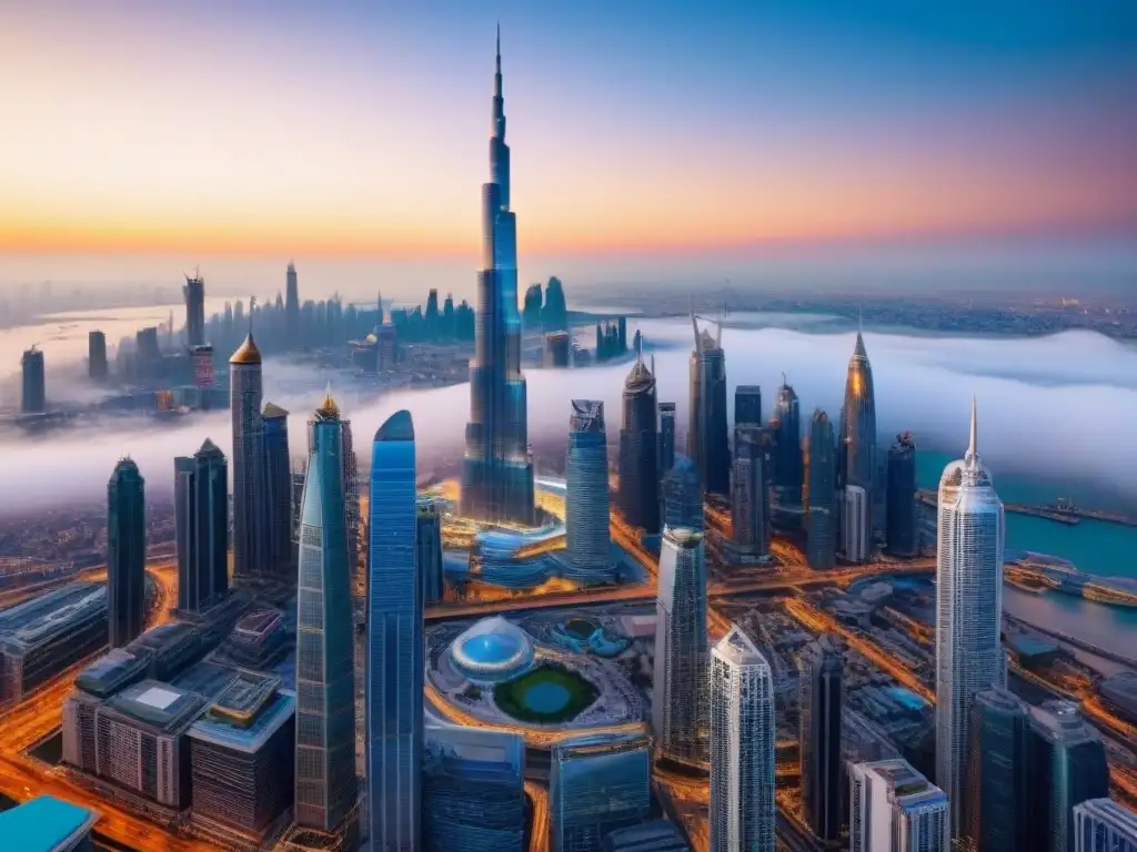Horizonte global: arquitectura icónica y fluctuaciones monetarias Impacto de fluctuaciones cambiarias en inversiones inmobiliarias globales con skyline icónico al atardecer